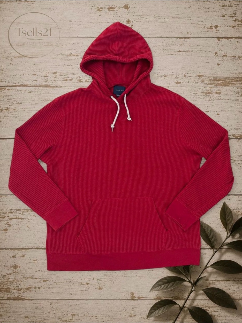 American Eagle Men’s Red Cotton Blend Waffle-Knit Hoodie - Size XXL